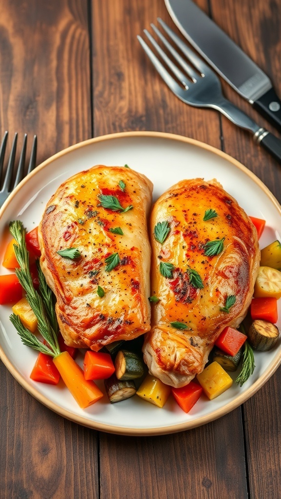 Baked chicken breasts seasoned and garnished with herbs, served with low carb vegetables on a rustic table.